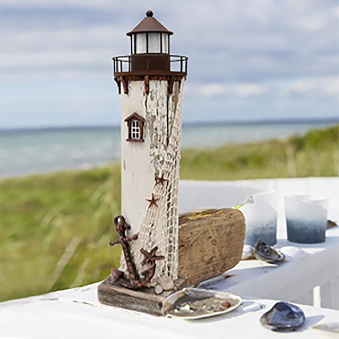 Linfevisi Wood Lighthouse Decor Rustic LED Light House Decor Wooden Decorative Nautical Lighthouse Statue Coastal Beach Themed Lighthouse Handcrafted Tabletop Decoration Home Bathroom (14.75")