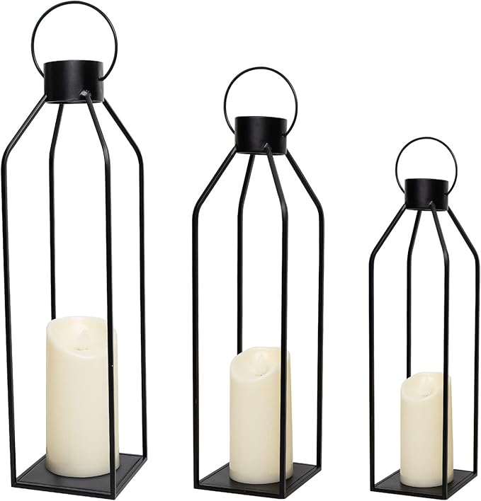 HPC Decor 22'' 19'' 16'' Lanterns Decorative w/Flickering Timer Candles- Tall Large Black Metal Candle Lanterns Set of 3- Modern Farmhouse Decor for Indoor,Outdoor,Tabletop,Porch (No Glass)