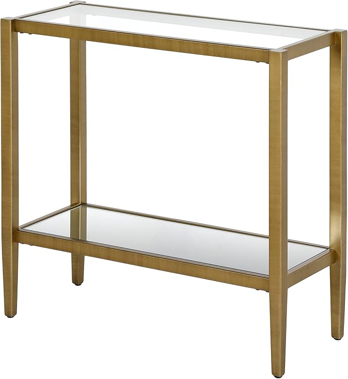 Henn&Hart 24" Wide Rectangular Side Table with Glass Shelf in Antique Brass, Table for Living Room, Bedroom