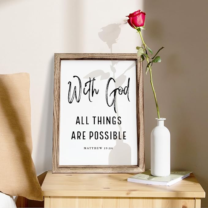 Christian Wooden Wall Signs, Religious Home Decor, Farmhouse Decor for Home Office, Christian Gift, Hanging Framed Wall Plaque 15 * 11.5 inches, With God All Things are Possible Sign
