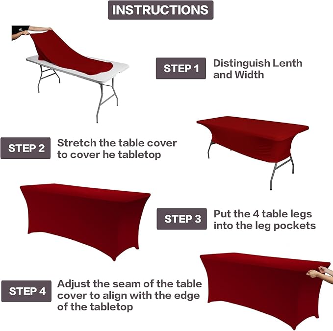 IVAPUPU 2 Pack 4FT Table Cloth for Rectangular Fitted Events Stretch Burgundy Table Covers Washable Spandex Tablecloth Protector for Party, Wedding, Cocktail, Banquet, Festival