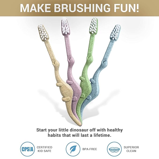 ROARex Vegan Kids Toothbrush | Dino Design | Biodegradable & Compostable Natural Plant-Based Toothbrush | Dinosaur Theme | 1% for The Planet