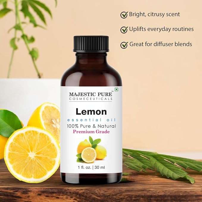 Majestic Pure Lemon Essential Oil with Glass Dropper - 1 Fl Oz - 100% Pure and Natural Lemon Oil - Premium Grade Essential Oils for Diffuser, Aromatherapy, Soap and Candle Making