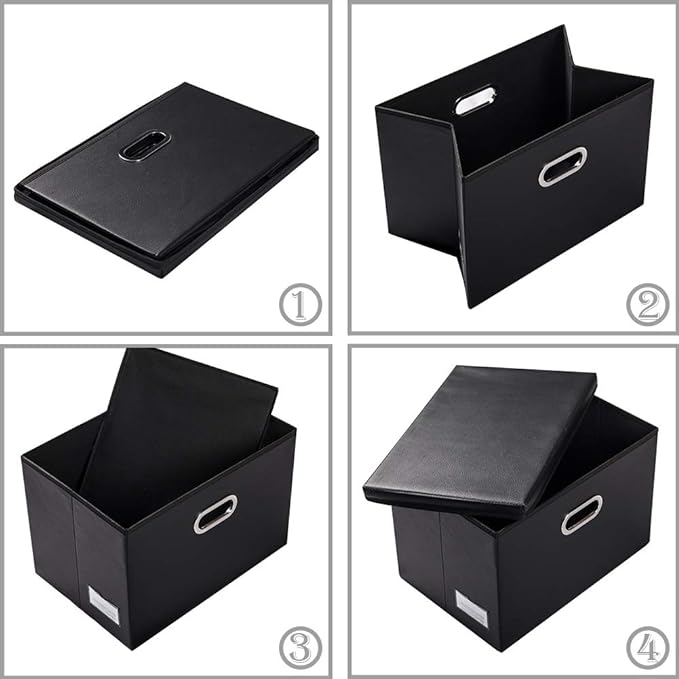PRANDOM Collapsible Storage Bins with Lids [3-Pack] Leather Fabric Foldable Storage Boxes Organizer Containers Baskets Cube with Cover for Bedroom Closet Office Nursery Black (14.9x10.8x10)