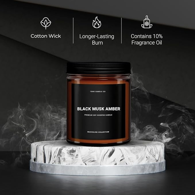 1OAK Black Musk Amber Candle - Soy Wax Scented Candle for Men - 7oz, Long Burning, Masculine - Premium Gift Option