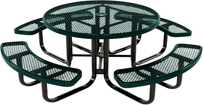 Coated Outdoor Furniture Heavy-Duty Portable Outdoor Kids Table with Umbrella Hole, Expanded Metal Kids Picnic Table, Commercial-Grade, Made in America (46 In, Round, Childrens, Dark Green)