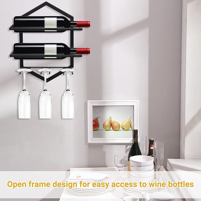 Wall Mounted Wine Stemware Rack, Metal Hanging Wine Glass Display Holde Holds 3 Cups 2 Bottles, Elegant Storage for Kitchen Dining Room Bar Wine Cellar (Black 2)