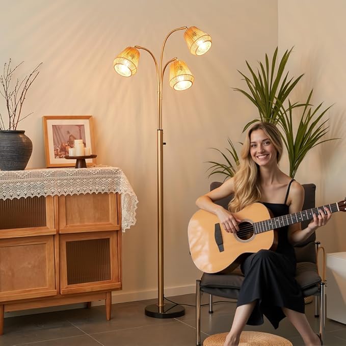 Gold Rattan Floor Lamp for Living Room, 72 Inch Tall Boho Floor Lamp with Rotary Switch, 3 Lights Arc Lamp with Wicker Shade for Coastal,Bohemian,Modern,Tree Farmhouse Standing Lamp