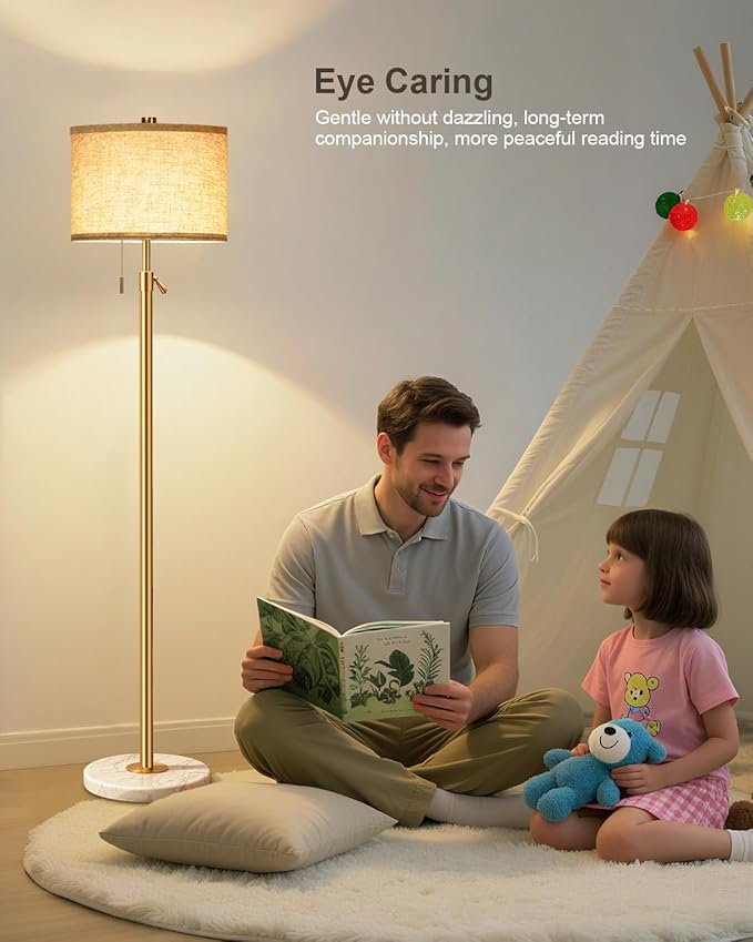 Modern Gold Floor Lamp for Living Room - Adjustable Height Standing Lamp with Marble Base & Linen Shade, 3-Way Dimmable Tall Floor Light for Bedroom, Reading, Bulb Included