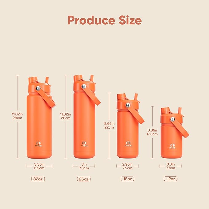 Kids Insualated Water Bottle with Straw - 12oz Stainless Steel Water Bottle with Dual Spouts, Leak-Proof, BPA-Free, Double Wall Vacuum Keeps Cold for 24 Hours for Sports, Travel (Moderate Orange)