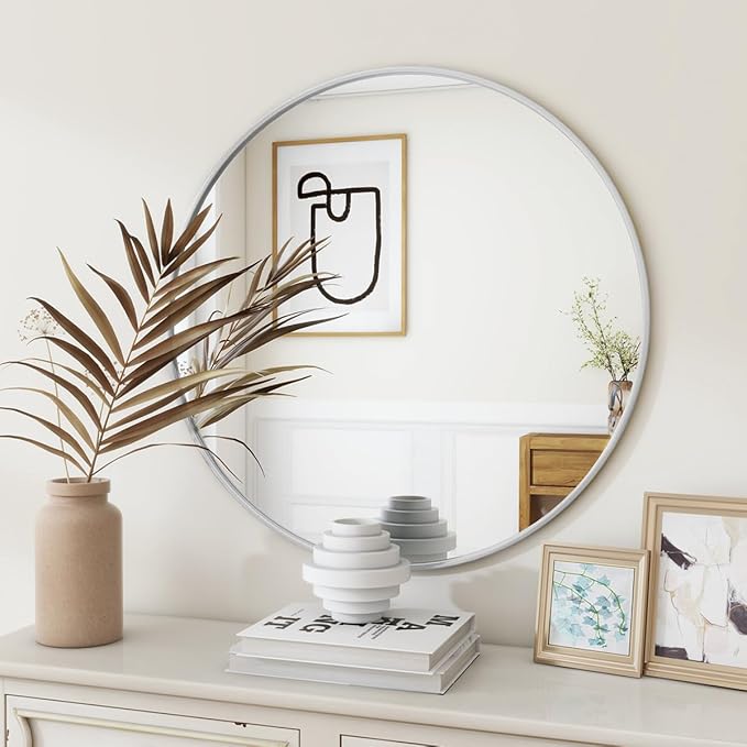 BEAUTYPEAK 24 Inch Round Mirror, Metal Frame Circle Mirror, Wall Mounted for Entryway, Bathroom, Vanity, Living Room, White