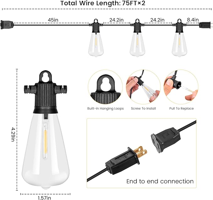 Outdoor String Lights, 150FT LED Patio Lights with 72+3 ST38 Vintage Edison Shatterproof Bulbs, Waterproof Connectable Dimmable Outside Hanging Lights for Backyard Bistro Porch Gazebo(75FTx2)