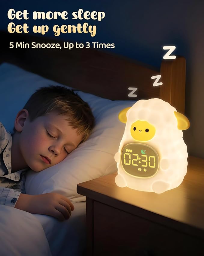 Sheep Alarm Clock for Kids with Night Light, Sleep Training Clock Time to Wake Clock, Rechargeable Silicone Light for Bedroom, Perfect Sleep Companion for Boys Girls