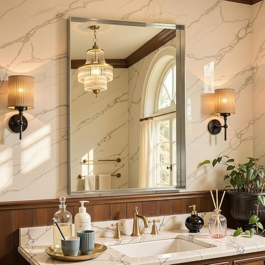 50"x30" Silver Framed Bathroom Mirror, Large Rectangular Vanity Mirror, Aluminum Metal Frame, Wall Farmhouse Modern Wall-Mounted Mirrors for Bathroom, Bedroom, Living Room, Over Sink