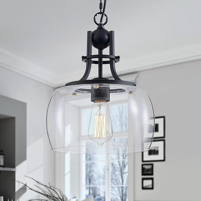 WUZUPS Chandelier Rustic Farmhouse Industrial Round Ceiling Pendant LED Light Fixture with Clear Glass Shades for Dining Room Kitchen Island Foyer Entryway, H 13" x W 10", E26 Base, Black