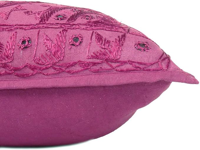 Eyes of India Embroidered Decorative Boho Throw Pillow Cover with Mirrors, Handmade Bohemian Accent Cushion Case for Sofa Couch Bedroom Living Room (Burgundy, 24" x 24")