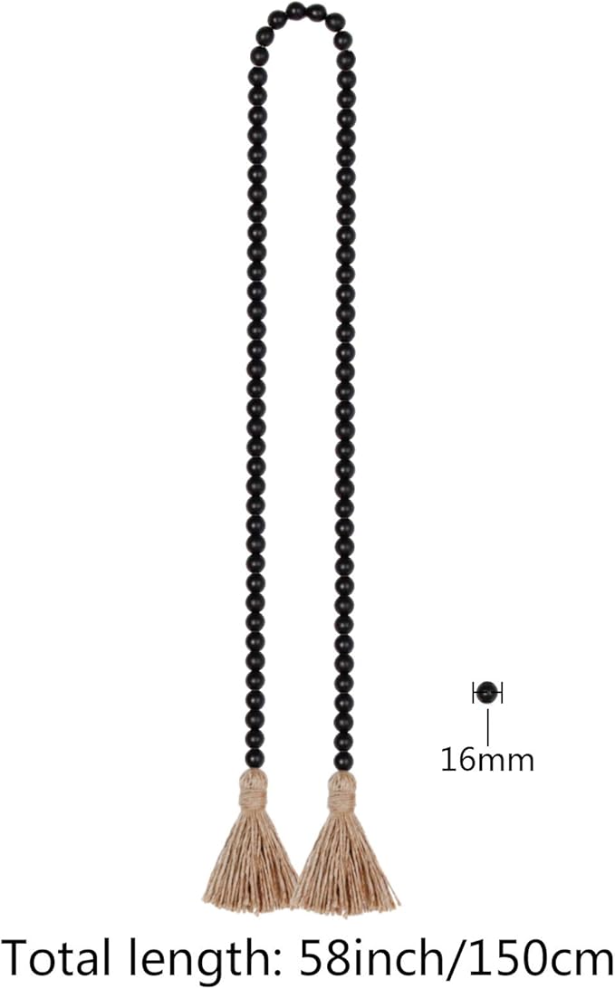 58in Wood Bead Garland with Tassels, Farmhouse Rustic Country Decor Prayer Boho Wall Hanging Decoration (Black)
