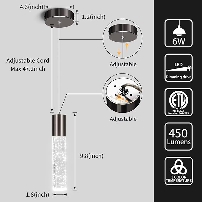 OKELI Modern Pendant Lights,3 Color LED Bubble Crystal Island Light Fixtures,Black Mini Pendant Lighting for Kitchen Island,Bar,6W,3000-6000K,ETL,3 Pack