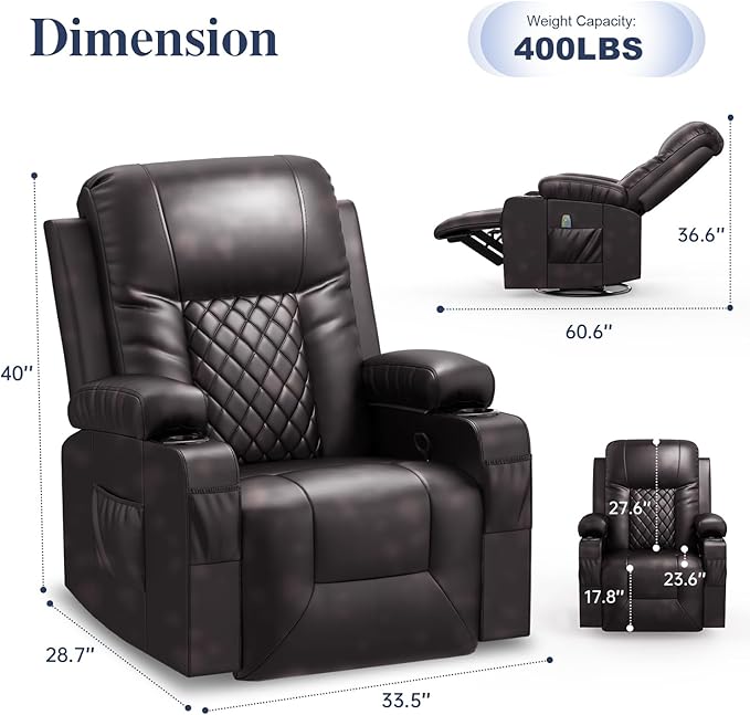 Recliner Chairs for Adults, FSC Certified Massage Rocker with Heated Modern Ergonomic Lounge 360 Degree Swivel Single Sofa Seat Living Room Lounge Recliners Brown