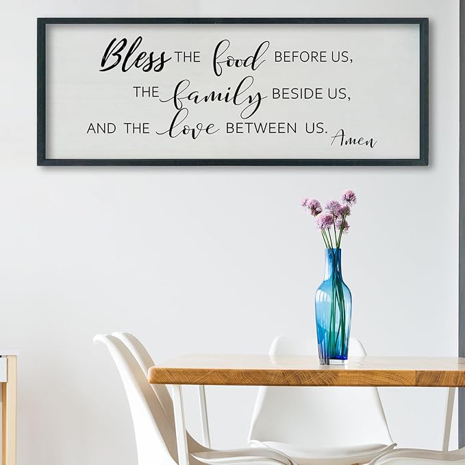 SRSZHIYUE Bless the Food Before Us Wall Sign Decor 40"×15" Christian Bible Verse for Farmhouse Rustic Kitchen Dining Room Framed Wood Scripture Religious Jesus Prayer Wall Art (Black)