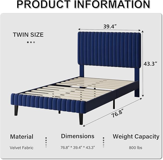 Twin Bed Frame, Velvet Upholstered Platform Bed with Vertical Channel Tufted Headboard and Footboard, No Box Spring Required, Easy Assembly, Blue