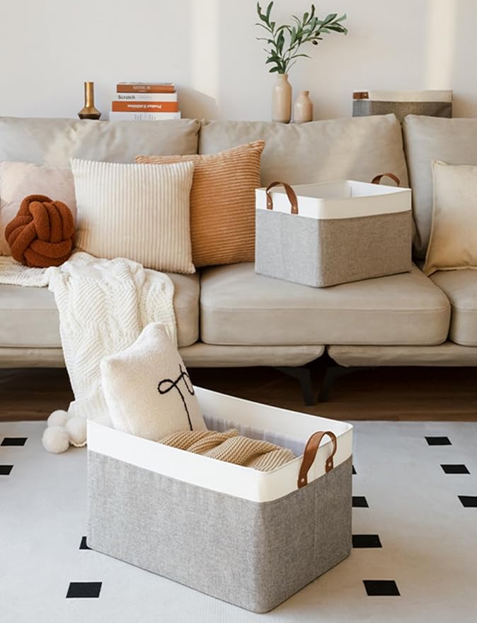 StorageWorks Storage Bins, Fabric Storage Bins for Shelves, Large Storage Baskets with Metal Frame, Closet Baskets and Bins with Handles, Gray and White, 2-Pack