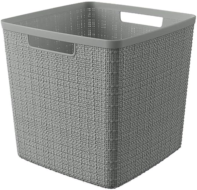 Curver Set of 4 Jute Large Cube Decorative Plastic Organization and Storage Baskets, Perfect Bins for Home Office, Closet Shelves, Kitchen Pantry and All Bedroom Essentials, Grey