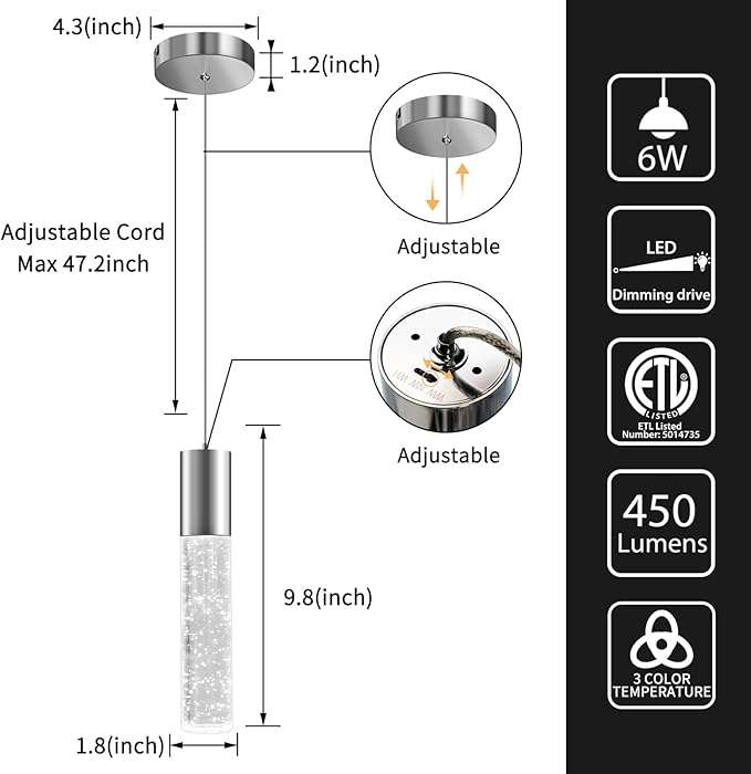 OKELI Modern Pendant Light,3 Color LED Bubble Crystal Island Light Fixtures,Chrome Mini Pendant Lighting for Kitchen Island,Bar,6W,3000-6000K,ETL