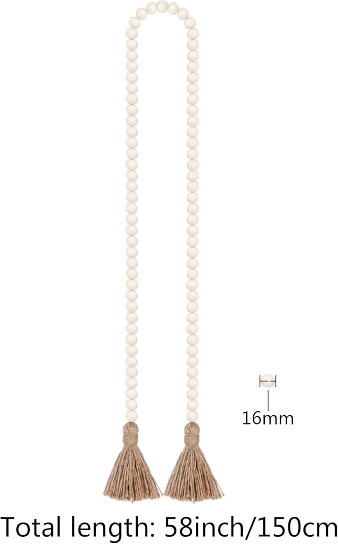 58in Wood Bead Garland with Tassels, Farmhouse Rustic Country Decor Prayer Boho Wall Hanging Decoration (Nature)