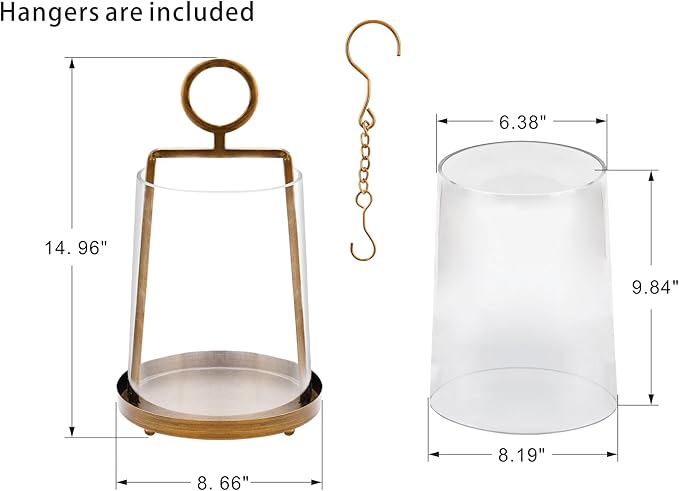 9" Wide Modern Farmhouse Metal Hurricane Candle Holder with Handmade Sturdy Glass Sleeve in Antique Brass for Pillar Candle & Plants, Hurricane Lantern, Industrial, Minimalistic (1, Brass, 9"x14")