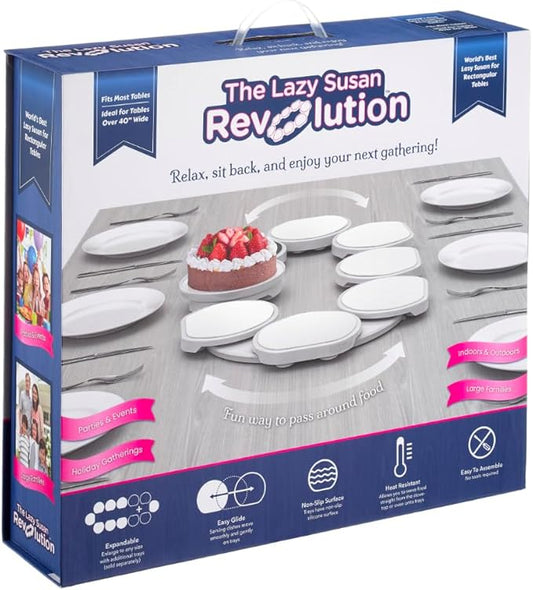 Full Set - White - The First Patented Lazy Susan Turntable Expandable for Rectangular & Oblong Tables - Kitchen & Dining Tables - Great Gift! Parties & Gatherings.