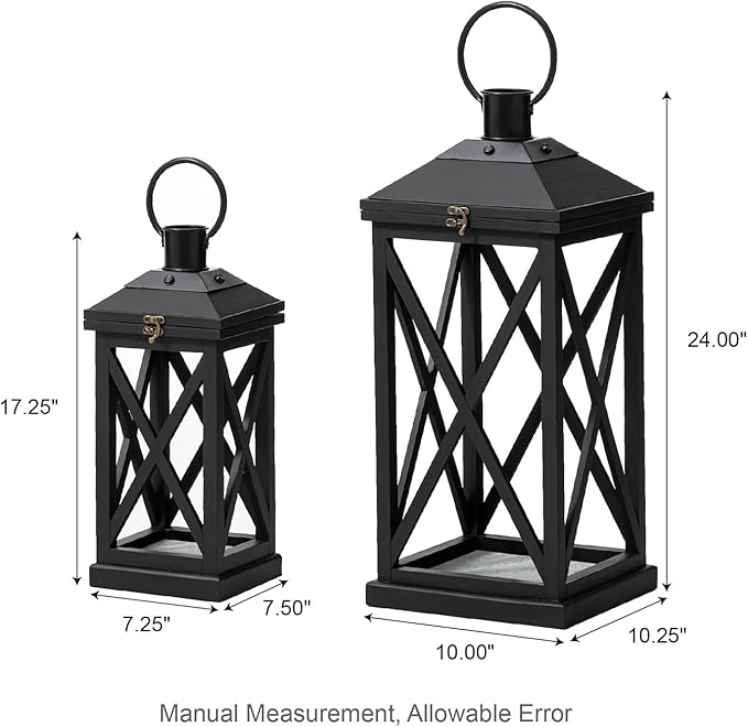 Glitzhome Modern Farmhouse Wooden Lantern Hanging Decorative Candle Lantern for Outdoor & Indoor Black Set of 2 (No Glass)