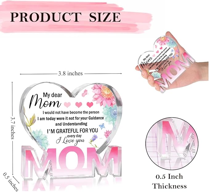 Mothers Day Gifts Best Mom Gifts -Gifts for Mom from Daughter Son - Best Mom Ever Gifts Unique Mother Birthday Acrylic Heart-Shaped Plaque Desk Decorations Present for Mom Christmas Anniversary