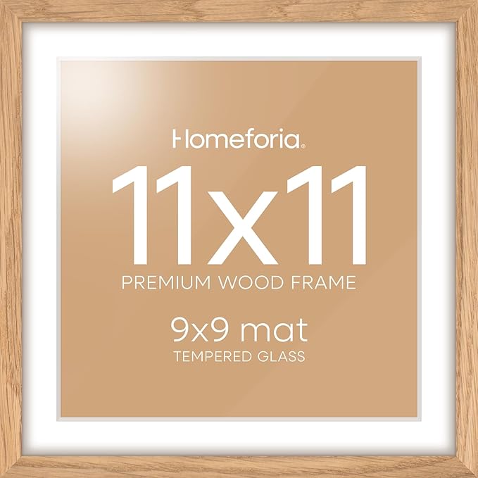 Homeforia 11x11 Picture Frame Wood, High-End Natural Oak 11 x 11 Thin Square Poster Frames with Mat 9 by 9 inch Photo, 11by11 Light Wooden Frame Matted to 9x9 Print, Tempered Glass, Wall Kit, Set of 1