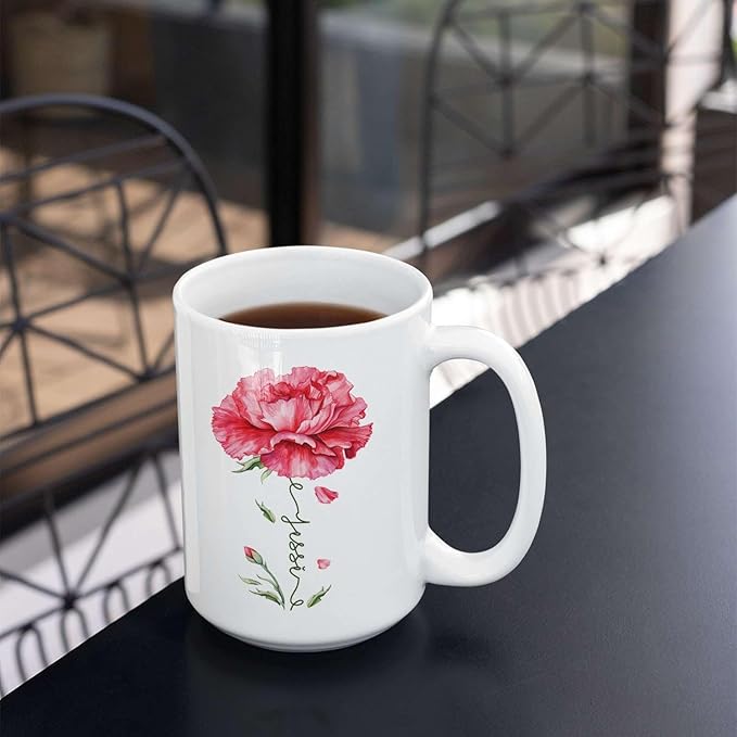 Personalized Floral Carnation Mug, Customized Name On Flower Coffee Cup, Unique Ceramic Tea Mug 11oz Or 15oz, Custom Carnation Flower Accent Cup, Gift For Daughter Mother