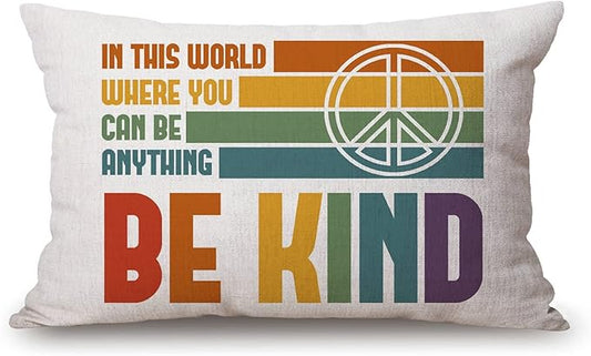 Be Kind Lumbar Throw Pillow Cover 12x20 Inch Decorative Bedroom Living Room Rainbow and Peace Sign Rectanglar Cushion Case for Bed Sofa Couch