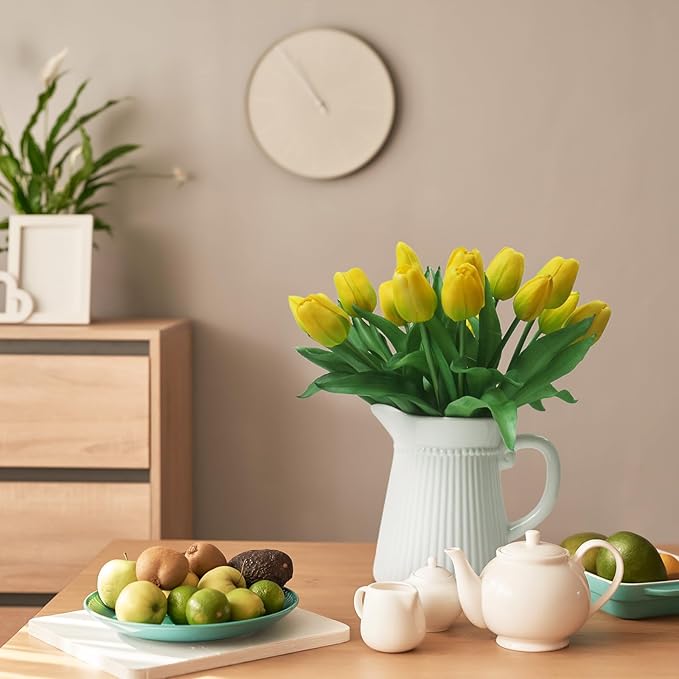 15pcs Artificial Tulips Flowers, Fake Tulips Real Touch, Faux Latex Bouquets, for Party Wedding Home Room Decoration (Yellow)