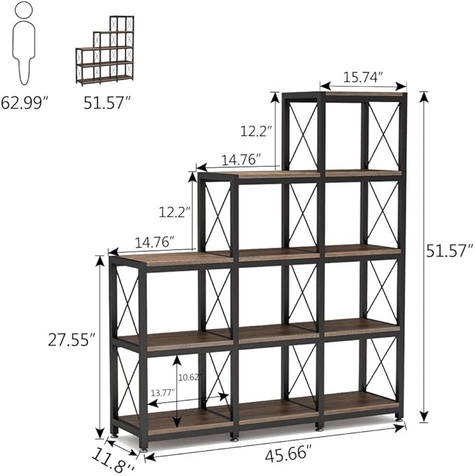 Tribesigns 12 Shelves Bookshelf, Industrial Ladder Corner Bookshelf 9 Cubes Stepped Etagere Bookcase, Rustic 5-Tier Display Shelf Storage Organizer for Home Office (Rustic Brown)