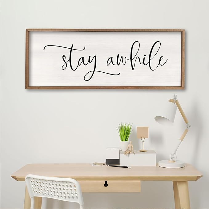 Stay Awhile Sign Wall Decor 32"X12" Large Living Room Entryway Wood Framed Rustic Wall Decor for Vintage Farmhouse Foyer Hanging Lets Stay Home Wall Art (Wood)