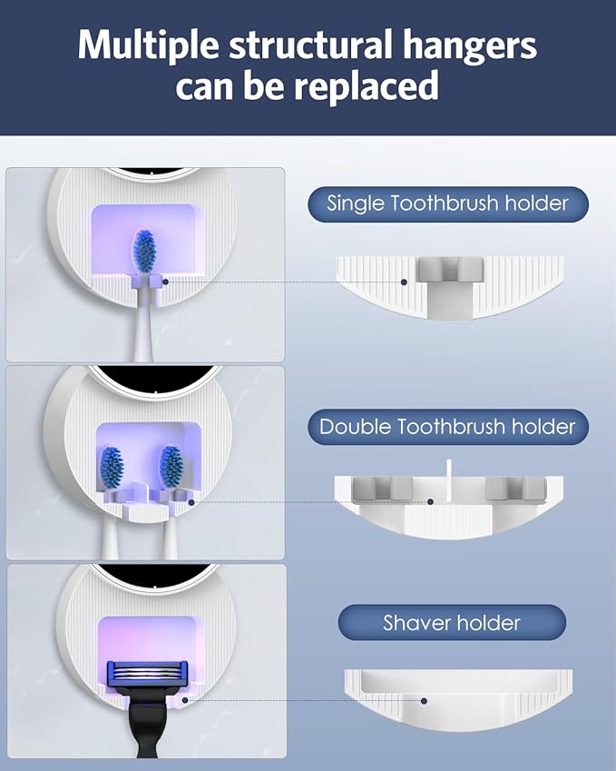 Upgraded UV Toothbrush Cleaner Holder Wall Mounted, Temracha Razor Electric Toothbrush Holder for Bathroom, LED Smart Screen, with Auto-Inductive Cover, Cleaning and 60-Degree Drying, for Home, Travel