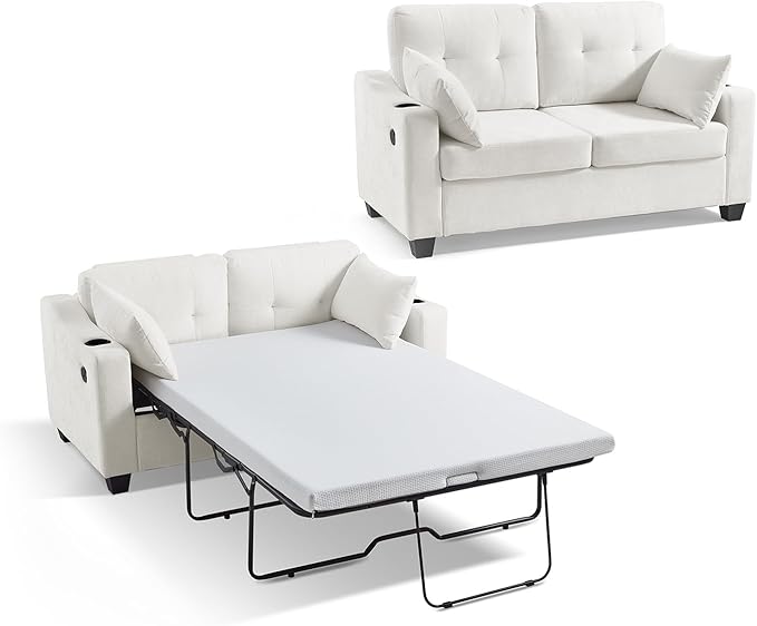 Pull Out Sofa Bed, Full Size Sleeper Sofa, 2-in-1 Convertible Corduroy Couch with USB Charging, Memory Form Couch for Living Room, Apartment and Small Space (Beige, Chenille - Full Size)