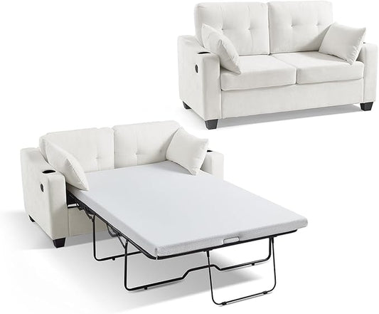 Pull Out Sofa Bed, Full Size Sleeper Sofa, 2-in-1 Convertible Corduroy Couch with USB Charging, Memory Form Couch for Living Room, Apartment and Small Space (Beige, Chenille - Full Size)