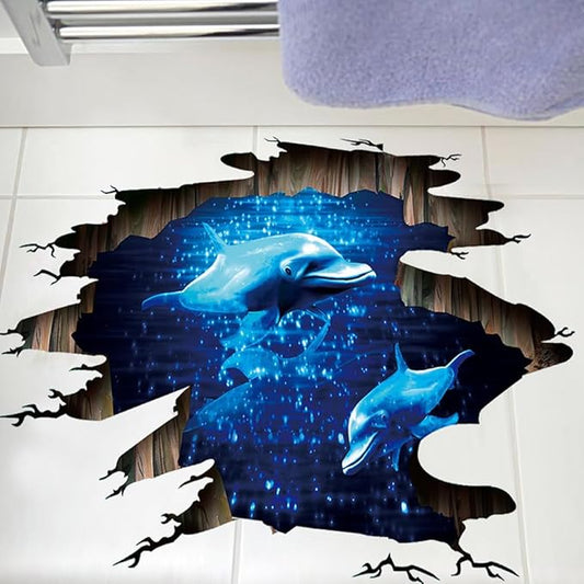 Quanhaigou 3D Wall Decals Stickers Wall Murals Wallpaper Decor for Home Floor Living Room (Blue Dolphin)