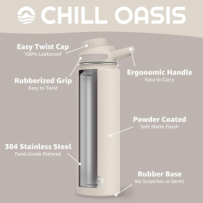 Chill Oasis Water Bottle | Compatible With Popular Flavor Cartridges | BPA Free, Leak Proof, Double-Walled Vacuum Insulated Stainless Steel, and Dishwasher Safe | Cold for 24 Hours (Beige, 22oz)
