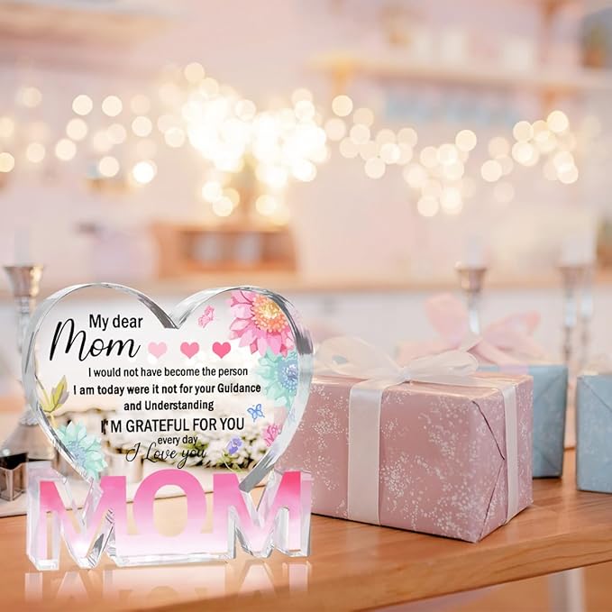 Mothers Day Gifts Best Mom Gifts -Gifts for Mom from Daughter Son - Best Mom Ever Gifts Unique Mother Birthday Acrylic Heart-Shaped Plaque Desk Decorations Present for Mom Christmas Anniversary