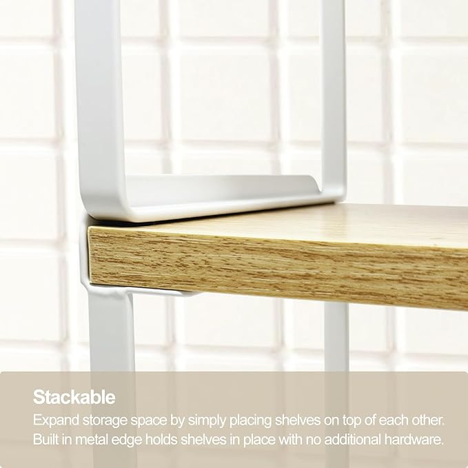 Mitus Shelf Organizer and Storage, Stackable Tiered Wood Cabinet Rack for Countertops, Desktops, Cabinets (Set of 2) 12" and 16" Wide Natural Oak and White