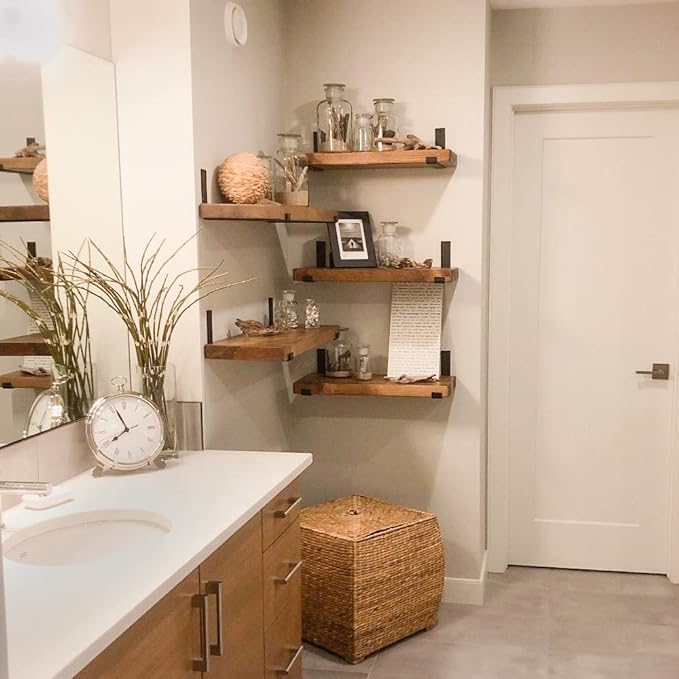 Rustic Shelves with J-Brackets Set of 2, Industrial Shelf, Kitchen Shelves, Solid Wood, Decorative Wall Storage, Heavy Duty, URBANDI (Brown, 36Wx10D)