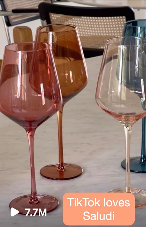 Saludi Colored Wine Glasses, 16.5oz (Set of 6) Stemmed Multi-Color Glass - Great for all Wine Types and Occasions - Luxury, Durable, Hand-Blown