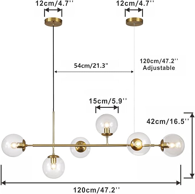 KCO Lighting 6 Light Bubble Chandelier Lighting Clear Glass Globe Chandelier Brass Gold Linear Pendant Light Mid Century Modern Pendant Light for Living Room Kitchen Island Dining Room