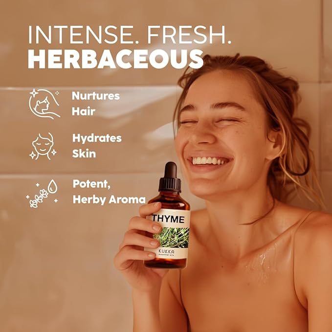 Kukka Thyme Essential Oil for Hair, Skin & Diffuser - 4 Fl Oz - 100% Pure Natural Thyme Oil, Herbaceous Scent, for Aromatherapy & Making Scent DIY
